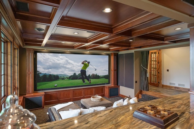home theater room with visible vents, baseboards, coffered ceiling, and beamed ceiling