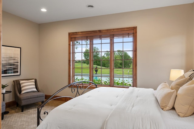 bedroom featuring baseboards, visible vents, and recessed lighting