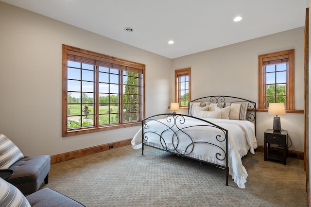 bedroom with carpet flooring, visible vents, multiple windows, and baseboards
