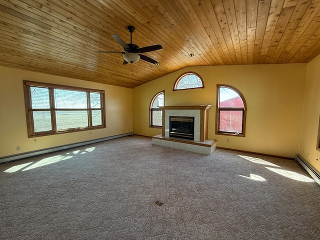 20343 680th Ave, Alden, MN 56009 - unfurnished living room featuring vaulted ceiling, wooden ceiling, carpet floors, a fireplace, and a ceiling fan