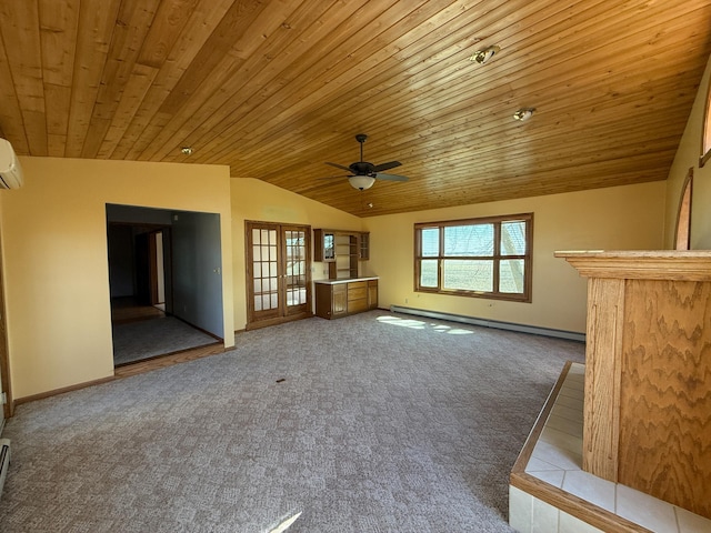 20343 680th Ave, Alden, MN 56009 - unfurnished living room featuring lofted ceiling, carpet flooring, wooden ceiling, ceiling fan, and a baseboard heating unit