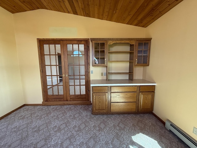 20343 680th Ave, Alden, MN 56009 - unfurnished office featuring a baseboard radiator, lofted ceiling, dark colored carpet, french doors, and wood ceiling