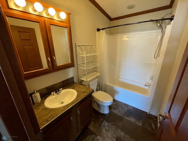 535 5th St, Wyndmere, ND 58081 - bathroom featuring shower / tub combo, ornamental molding, toilet, stone finish floor, and vanity