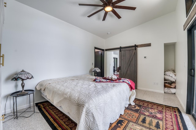 4681 Mission Rd NE, Sugar Bush Twp, MN 56601 - bedroom featuring a barn door, baseboards, speckled floor, lofted ceiling, and ceiling fan