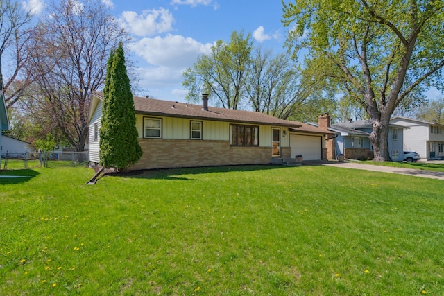 single story home with brick siding, a garage, concrete driveway, a chimney, and board and batten siding