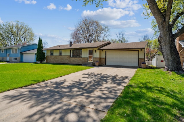 view of front facade featuring concrete driveway, brick siding, a garage, and a shingled roof