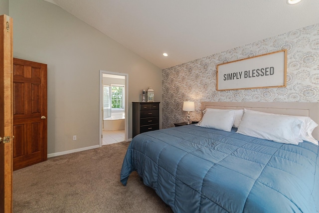 bedroom featuring carpet floors, vaulted ceiling, wallpapered walls, connected bathroom, and recessed lighting