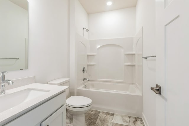 bathroom featuring toilet, recessed lighting, shower / bath combination, marble finish floor, and vanity