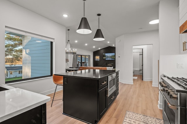 kitchen featuring hanging light fixtures, light wood-type flooring, dark cabinetry, and appliances with stainless steel finishes