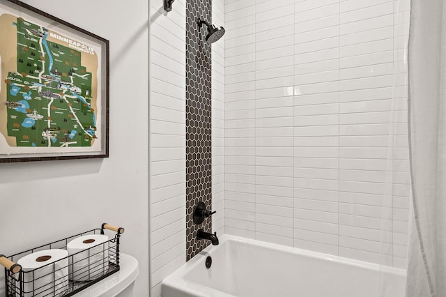 full bathroom featuring toilet and shower / bath combination with curtain