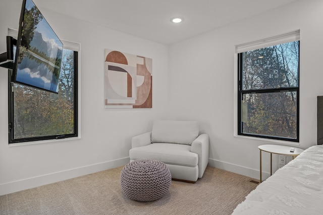 carpeted bedroom featuring baseboards and recessed lighting