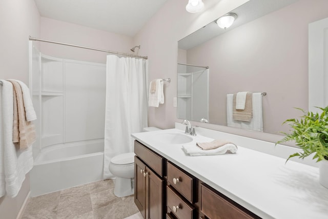 full bath with vanity, shower / bathtub combination with curtain, and toilet