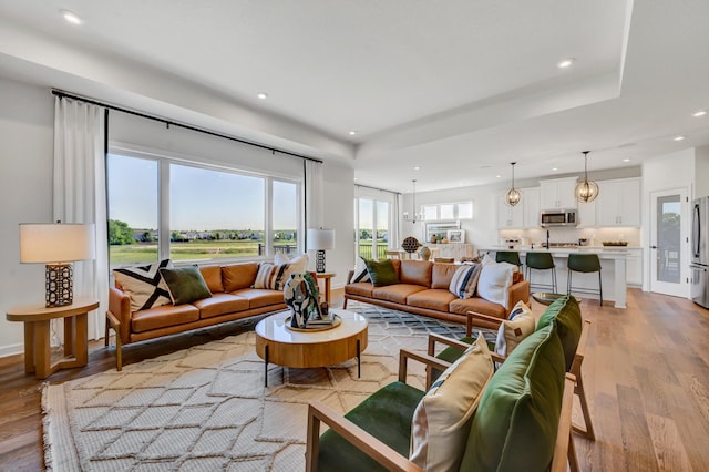 living area featuring recessed lighting and light wood-style flooring