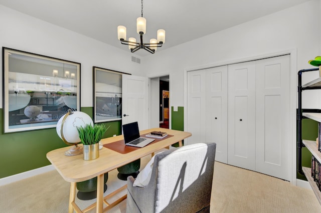 office space with light carpet, a notable chandelier, visible vents, and baseboards