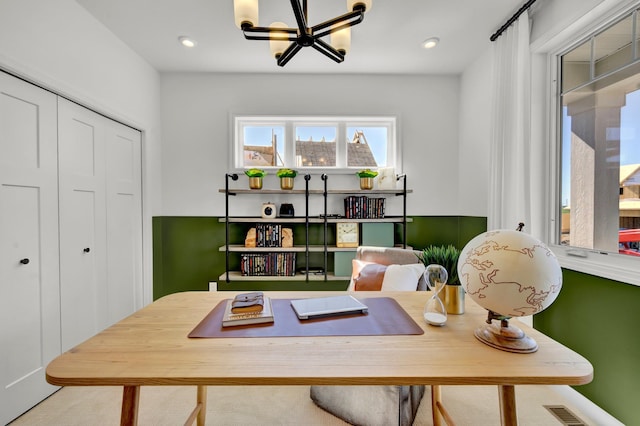 office area featuring recessed lighting, visible vents, and an inviting chandelier