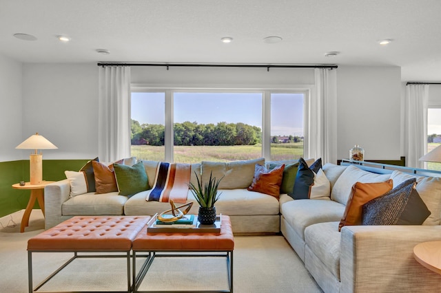 living area with carpet floors, a healthy amount of sunlight, and recessed lighting