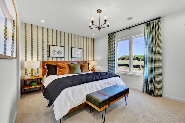 bedroom with recessed lighting, baseboards, carpet floors, and a chandelier