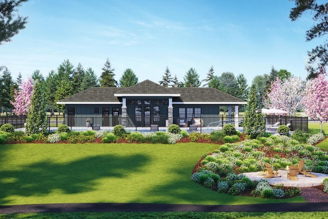 rear view of house featuring fence, a lawn, and french doors