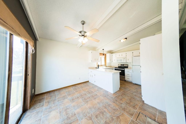kitchen featuring white appliances, ceiling fan, a sink, a peninsula, and light countertops