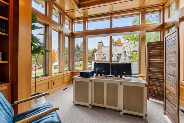 2625 Woodbridge Rd, Minnetonka Beach, MN 55391 - office space featuring light carpet, a decorative wall, wood walls, and coffered ceiling