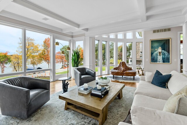 2625 Woodbridge Rd, Minnetonka Beach, MN 55391 - sunroom featuring coffered ceiling, beamed ceiling, and plenty of natural light