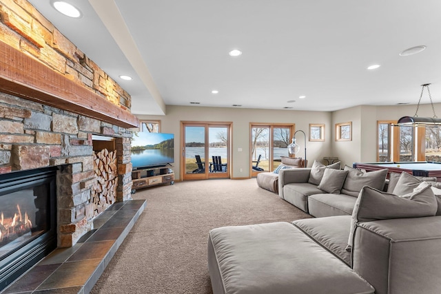 2625 Woodbridge Rd, Minnetonka Beach, MN 55391 - carpeted living room with recessed lighting, billiards, and a stone fireplace