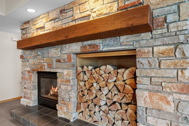 2625 Woodbridge Rd, Minnetonka Beach, MN 55391 - detailed view of a stone fireplace and carpet flooring