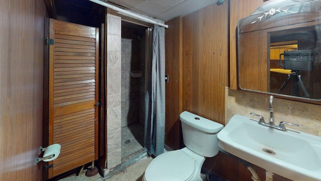 bathroom with toilet, a stall shower, and a sink