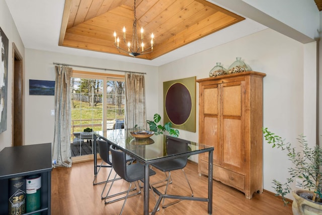dining space with wood ceiling, a tray ceiling, light wood-type flooring, and a chandelier