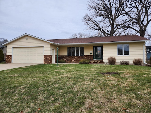 ranch-style house with a garage, a front yard, brick siding, and driveway