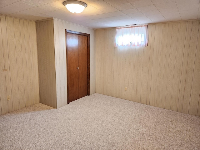 basement with wooden walls and carpet flooring