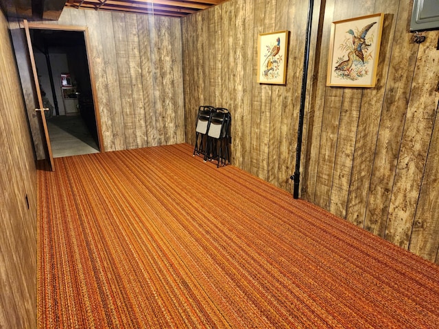 basement featuring wooden walls