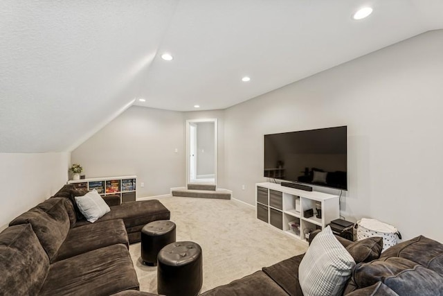 living area featuring recessed lighting, carpet, baseboards, and vaulted ceiling