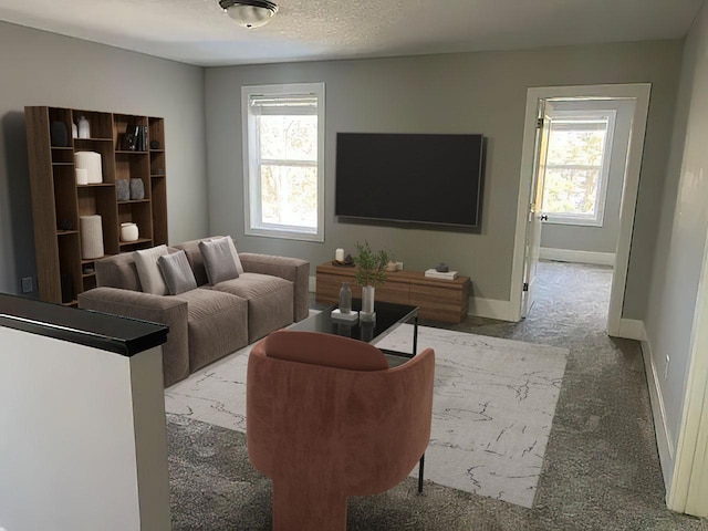 living room with baseboards and carpet