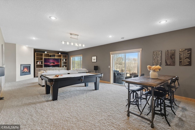 playroom featuring baseboards, billiards, carpet, and recessed lighting
