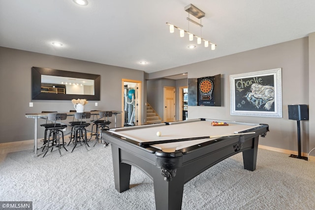 playroom with baseboards, billiards, wet bar, light carpet, and recessed lighting