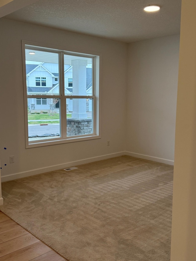 empty room featuring light colored carpet, baseboards, light wood finished floors, and a textured ceiling