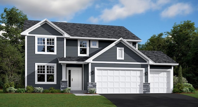 view of front facade featuring asphalt driveway, a front lawn, a garage, and a shingled roof