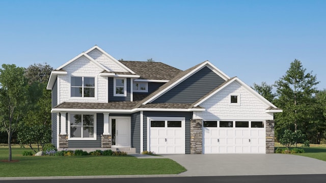 craftsman house featuring a front yard, a shingled roof, stone siding, a garage, and concrete driveway