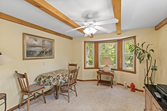 3021 Atwater St, Hopkins, MN 55305 - dining area featuring plenty of natural light, beamed ceiling, light carpet, baseboards, and ceiling fan