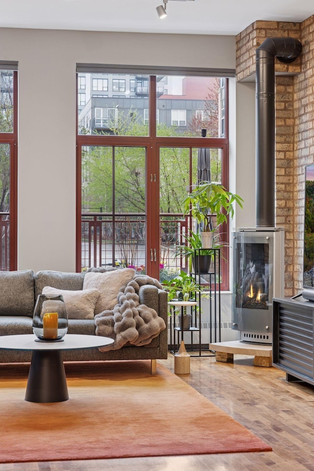 living area with wood finished floors, healthy amount of natural light, and a wood stove