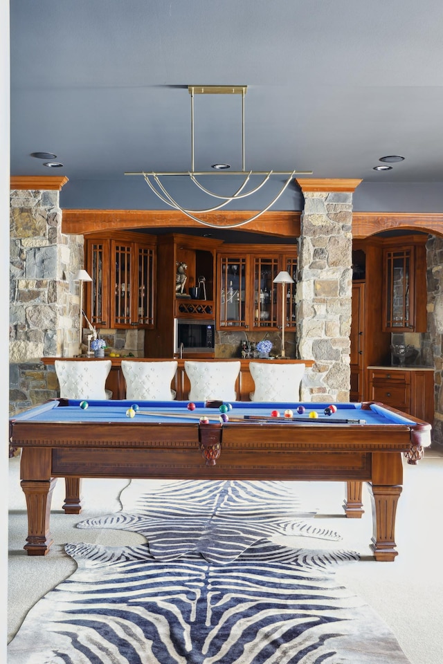 recreation room with pool table and carpet floors