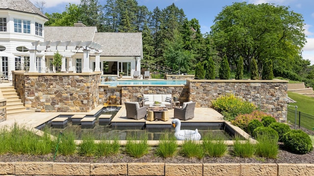 view of patio / terrace featuring an outdoor living space, a pergola, stairway, fence, and an outdoor pool