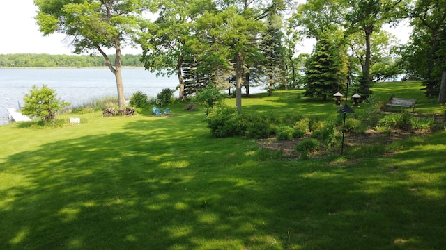 26837 Lake Ethel Rd, Girard Twp, MN 56515 - view of green lawn with a water view