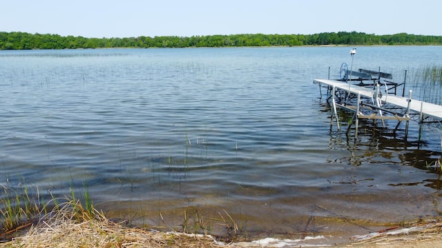 26837 Lake Ethel Rd, Girard Twp, MN 56515 - dock area with boat lift, a water view, and a view of trees