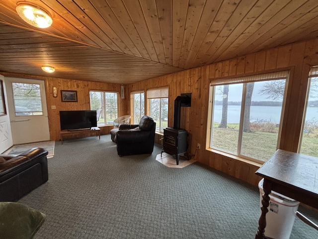 26837 Lake Ethel Rd, Girard Twp, MN 56515 - carpeted living room featuring wood ceiling, a wood stove, and wood walls