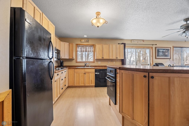 15924 Blackhawk Rd, Lake Park, MN 56554 - kitchen with black appliances, light brown cabinetry, a sink, dark countertops, and a textured ceiling