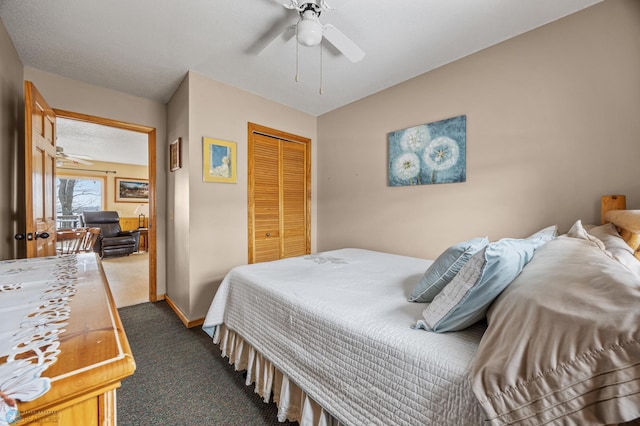15924 Blackhawk Rd, Lake Park, MN 56554 - bedroom with dark carpet, a closet, and ceiling fan