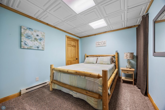 15924 Blackhawk Rd, Lake Park, MN 56554 - carpeted bedroom with baseboard heating, baseboards, and an ornate ceiling