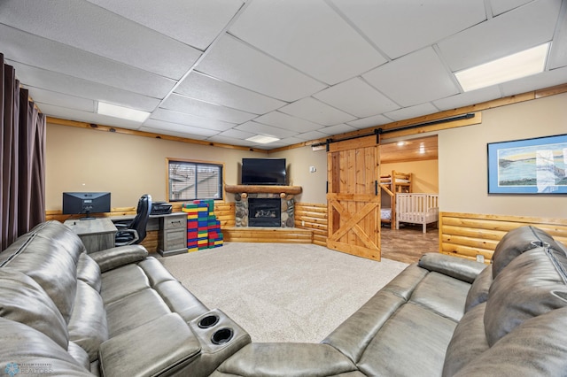 15924 Blackhawk Rd, Lake Park, MN 56554 - living room featuring a barn door, carpet flooring, and an office area
